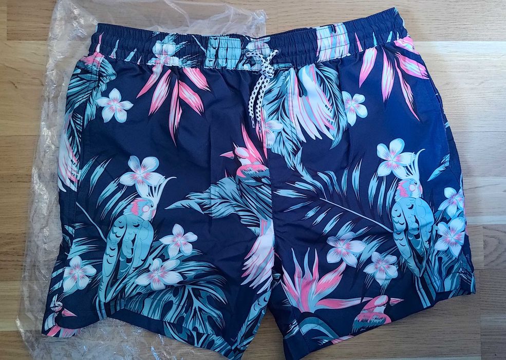 Pantaloni scurti de baie Threadbare, print tropical navy, marime M, nepurtati