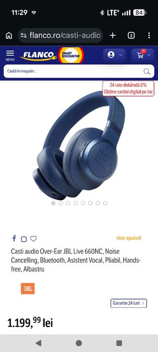 Casti audio Over-Ear JBL Live 660NC, Noise Cancelling, Bluetooth, Asistent Vocal, Pliabil, Hands-free, Albastru