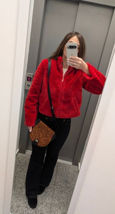 Jachetă din blană eco roșie + geantă animal print CADOU