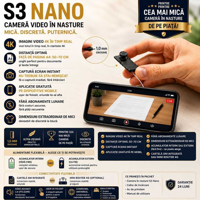 Camera pentru copiat in Nasture - Casti de copiat iCheat S3 Nano 4K UHD, Ultra Discreta, Ideala pentru Examene si Interviuri 2026