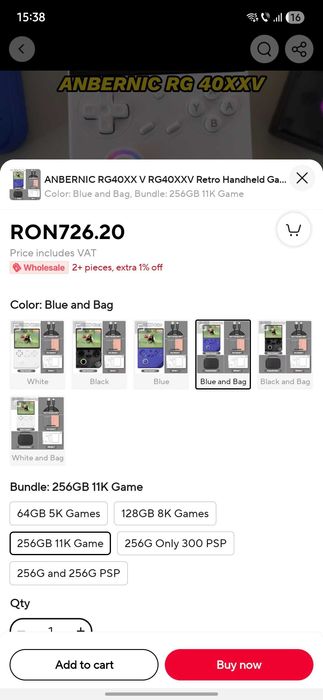 Consola Retro Gaming premium Anbernic RG40XXV 256GB 11500 Jocuri (PS1, PSP, N64, SNES, GameBoy etc)