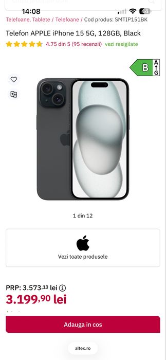 Apple iPhone 15, 128GB, 5G, Black , sigilat nou cutie