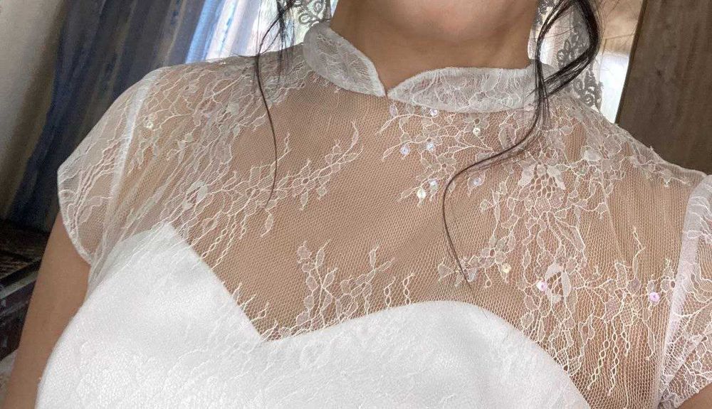 Элегантное свадебное платье (Атлас + Кружево) со шлейфом