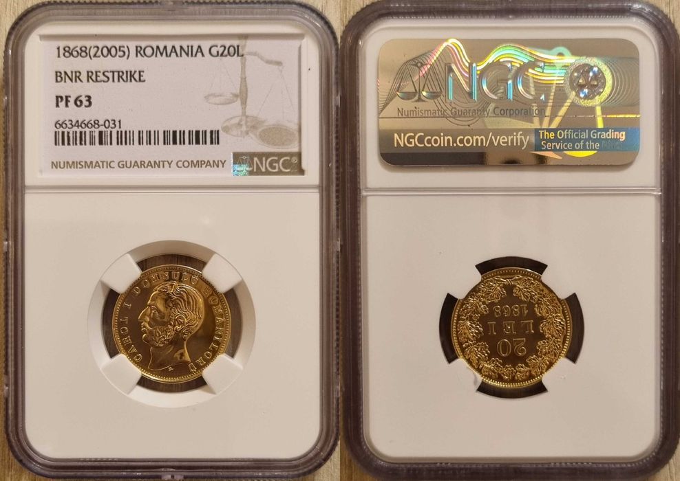 Moneda aur 20 lei 1868 pol Carol I replica BNR 2005 gradata NGC PF 63