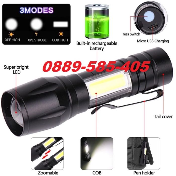 Мощен алуминиев мини лед фенер с кутия и ZOOM фенерче ЛЕД LED