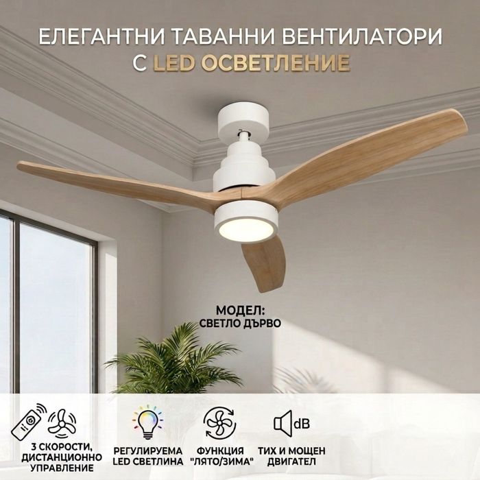 Модерен таванен вентилатор с LED осветление Mellerware Brizy Bright (в цвят светло дърво и бяло), който съчетава ефективно охлаждане
