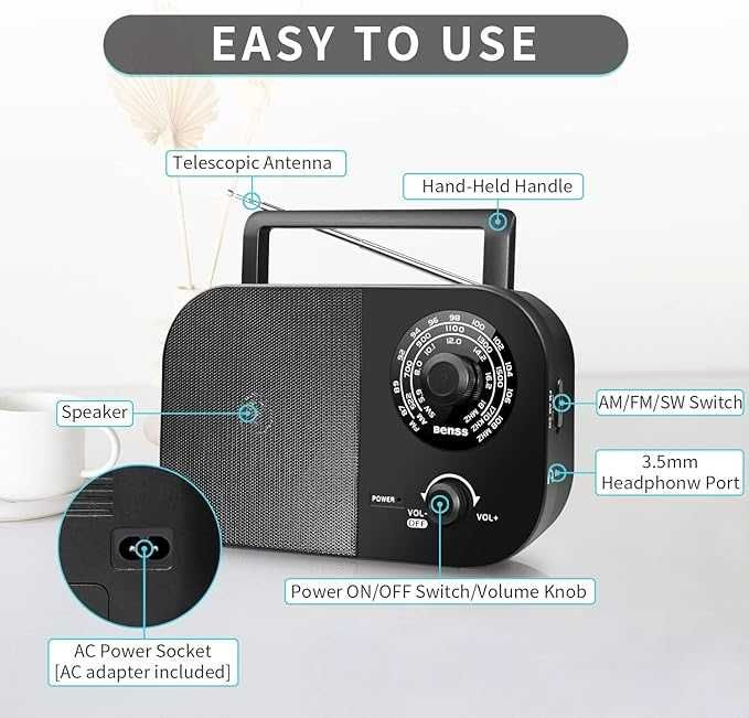Benss Преносимо радио, AM FM радио с  голям високоговорител