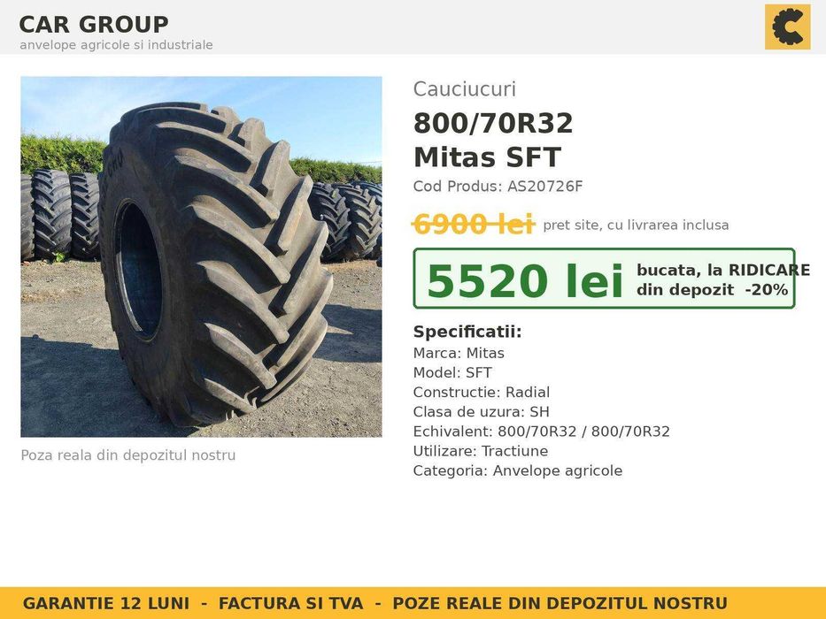ANVELOPE 800/70R32 Mitas SFT Cauciucuri Combina Mare Claas Lexion John Deere New Holland CR SH GARANTIE Factura TVA