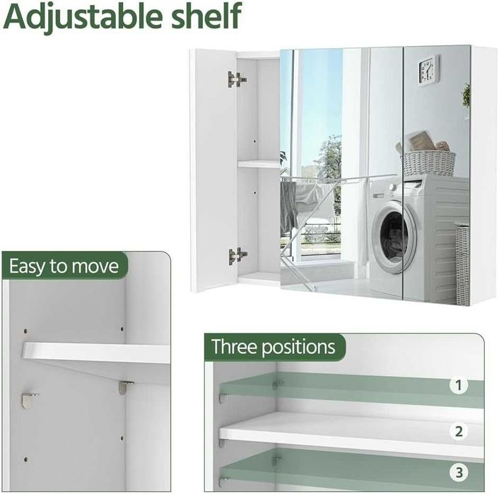 Шкаф за баня с огледало с 3 огледални врати, 15x70.5x60.5 см, бял 301