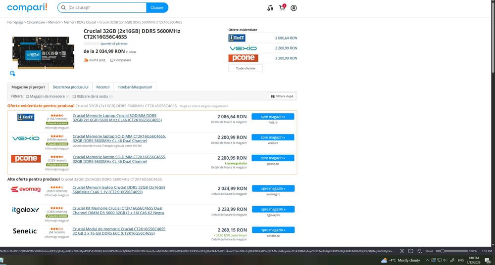 Kit 32GB DDR5 SODIMM Crucial 5600MT/CL46