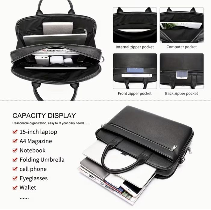 Мъжка елегантна чанта за лаптоп 15”/Офис куфарче от черна естест. кожа