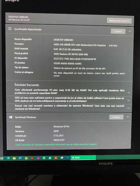 Calculator HP EliteDesk 705 G1 AMD A10  8GB RAM  SSD + HDD |Win 10 Pro