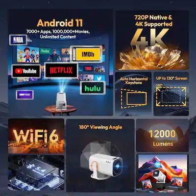 Промо Цена!Преносим Smart 4К Android WiFi Проектор с 12000lumen Автоматично трапецовиднo изкривяване