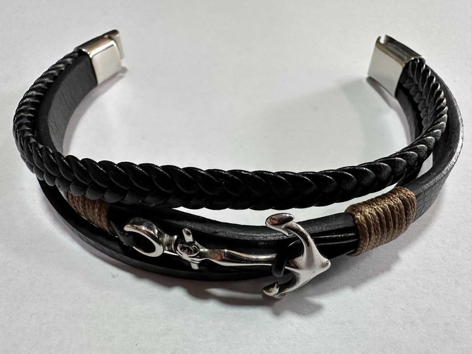 Мъжка гривна Silver Flame с котва – естествена кожа и неръждаема стомана – 21,5 см