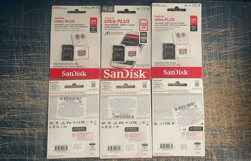 Card de memorie SanDisk Ultra Plus microSDXC, 160MB/s, clasa 10/V10/A1, UHS-I, adaptor, 64GB, 128GB si 256 GB, sigilate