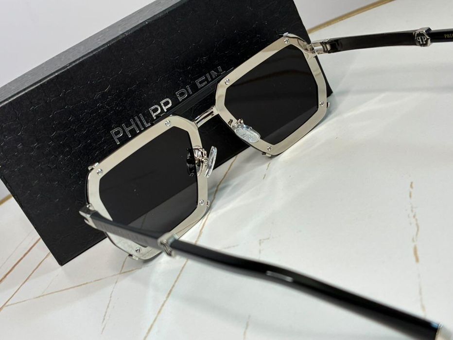 Ochelari de soare Philipp Plein Black/Silver – Stil Aviator/Hexagonal (Noi, cu toc)