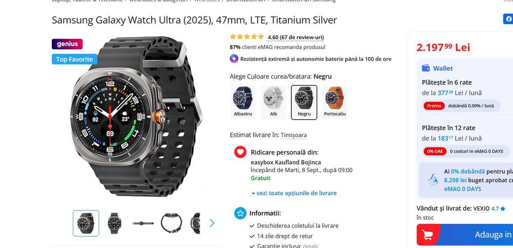 Samsung Galaxy Watch Ultra 2024 1099ron,Ultra2005  1650ron 47mm, LTE, Black-garantie acte cutie