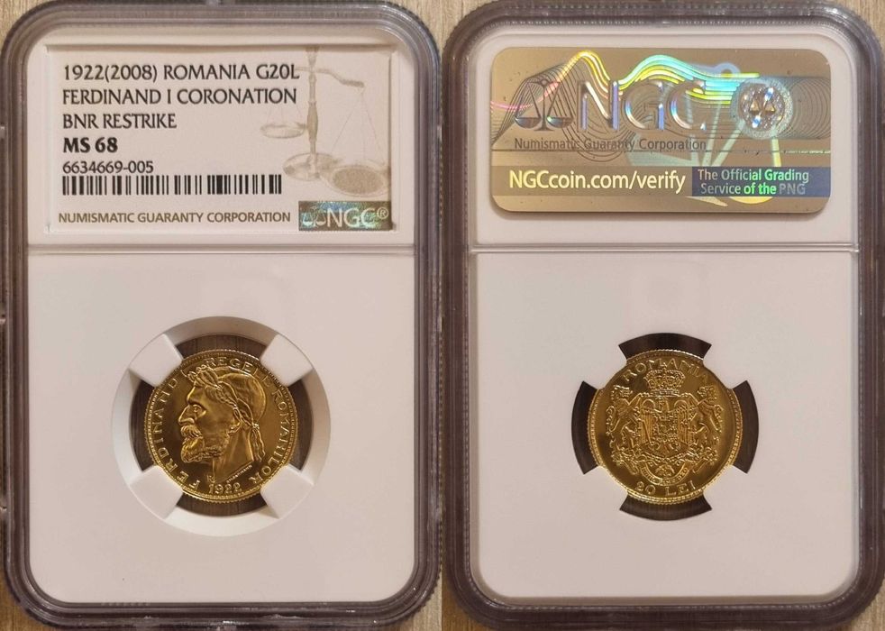 Moneda 20 lei aur, Ferdinand 1922 rebatere BNR 2008, gradata NGC MS 68