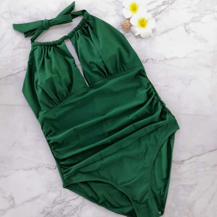 Цял бански костюм за бременни с V образно деколте, цват - зелен, размер: XL