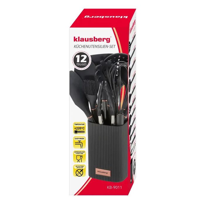 Set ustensile de bucatarie, 12 piese din silicon negru, Klausberg
