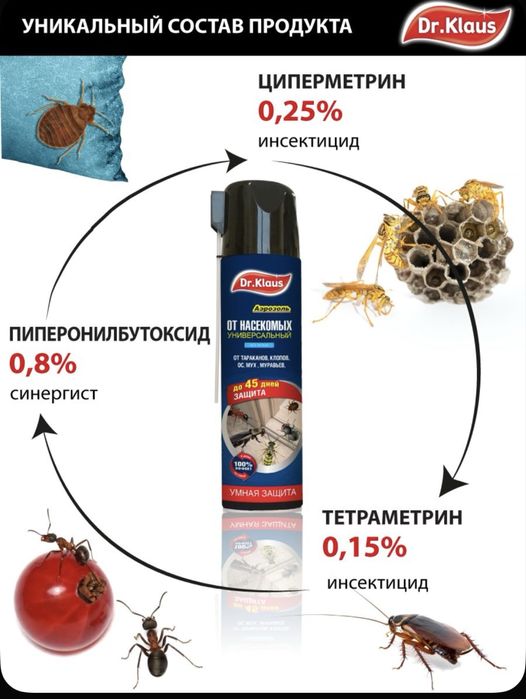 Дихлофос Dr Claus уничтожает ползуюших и летаюших насекомых
