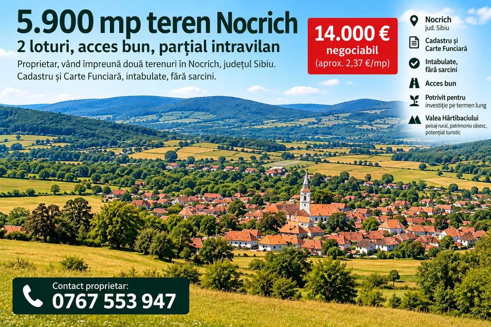 5.900 mp teren Nocrich – 2 loturi, acces bun, parțial intravilan
