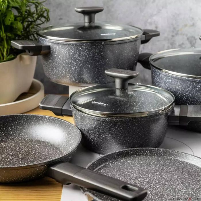 Set oale si tigai, 12 bucati, acoperit antiaderent, gri cu manere din