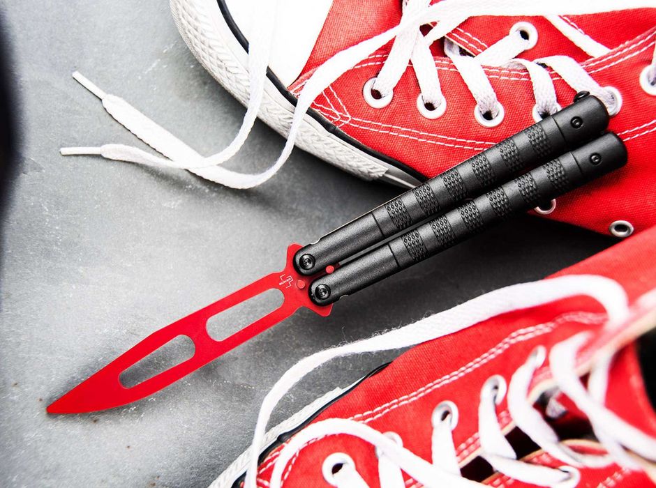 Briceag Butterfly Boker Plus Balisong Relack Trainer, maner aluminiu, lama otel 420