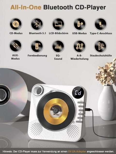 CD плейър Greadio CD86, Bluetooth 5.1, мултифункционален CD плейър с високоговорители, дистанционно управление, HiFi звук