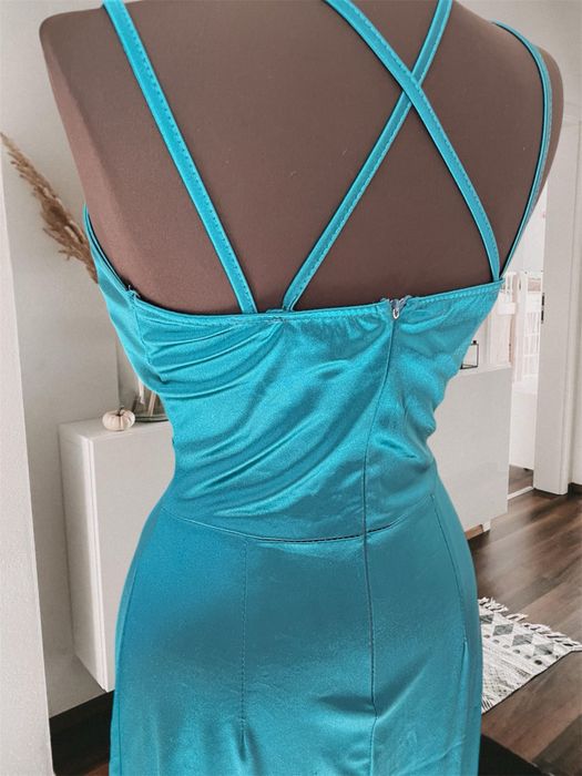 Rochie lunga de ocazie turcoaz satinat S