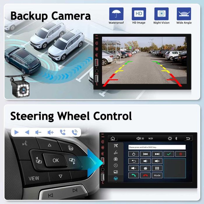 Двудиново автомобилно радио с безжичен Carplay и Android Auto, 7 инча