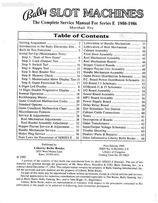Manual Complect Service BALLY SLOT MACHINE serie E 1980-1986