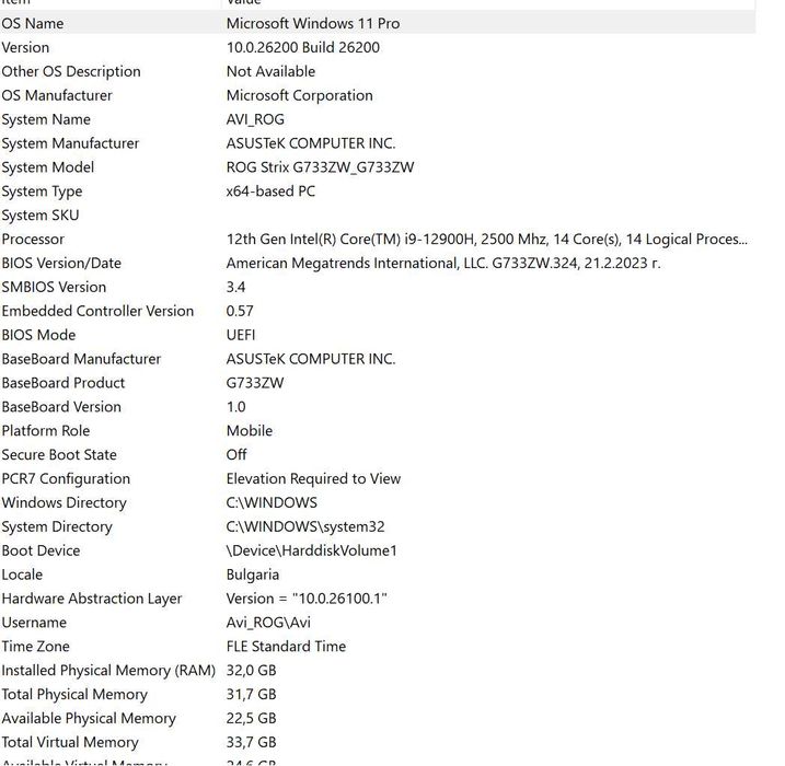 Laptop: Asus Rog Strix G733W_G733ZW 12gen i9 12900H 14 cores, 32GB