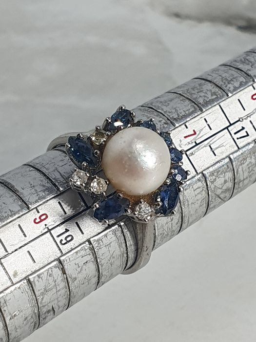 Inel din aur alb de 14K cu safire, diamante și perlă – mărimea 57,5