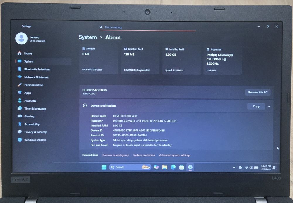 Laptop Lenovo L480 Intel Celeron 3965U 8GB RAM 256SSD Nvme Windows 11