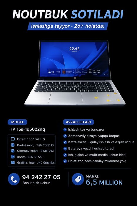 HP noutbuk sotiladi
Holati yaxshi, tez ishlaydi
O‘qish va ish uchun id