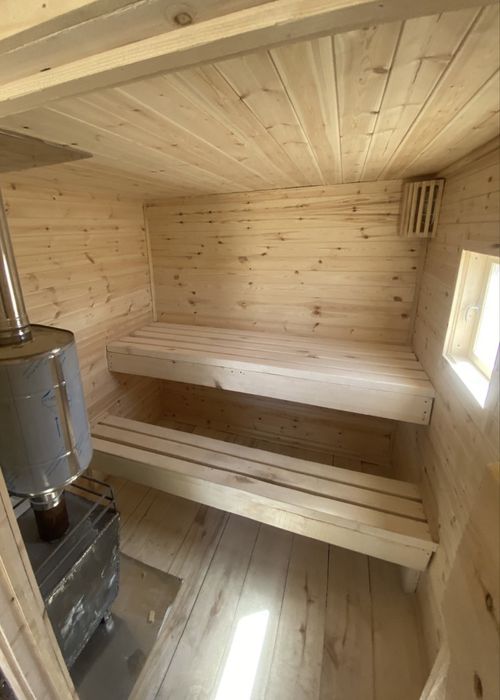 Баня каркасная с террасой