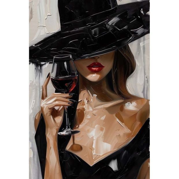 120см! Стъклена картина "Жена с чаша вино"