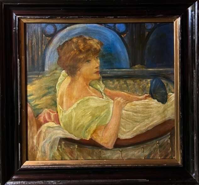 "Domisoara pe sofa" Tablou f VECHI, ulei/carton, 60x50cm+rama, semnat.