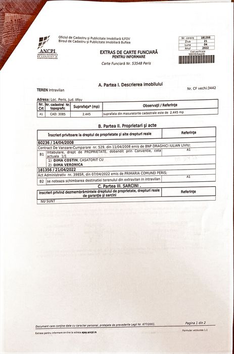 Teren intravilan Ilfov-Periș - două parcele 2465 + 2465 mp