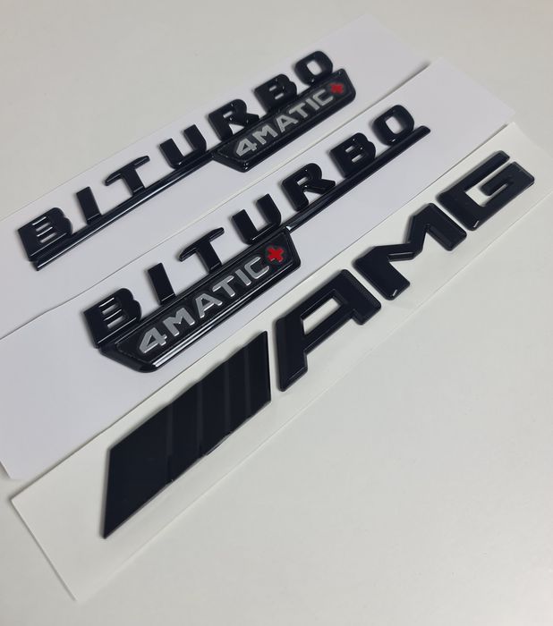 Pachet-Set-Emblema-Neagra-Lucios-Sigla-Logo-Stema-Spate-Aripi-Laterale-Haion-Mercedes-AMG-Turbo-Biturbo-4Matic+