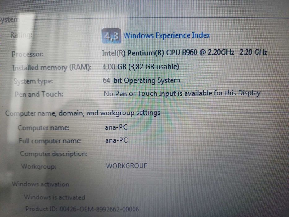 Laptop Acer, Intel Pentium 2.20GHr, 4 GB Ram, Nvidia G. 710M