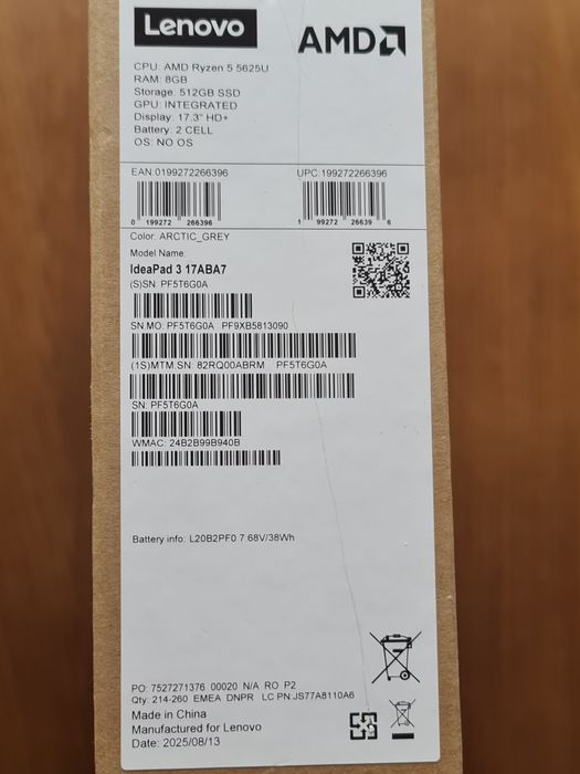 Vând Laptop Lenovo Ideapad 3 17ABA7 Ryzen 5625U, SSD 512Gb, 8Gb Ram