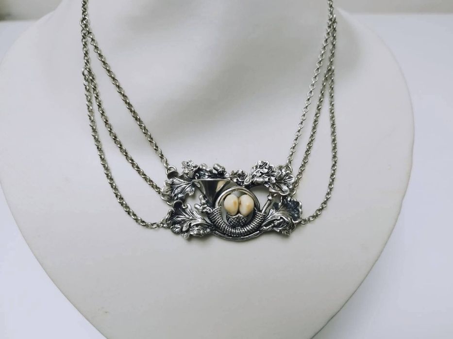 Vechi colier grandel, Charivari, argint 800 cu perle de caprioara