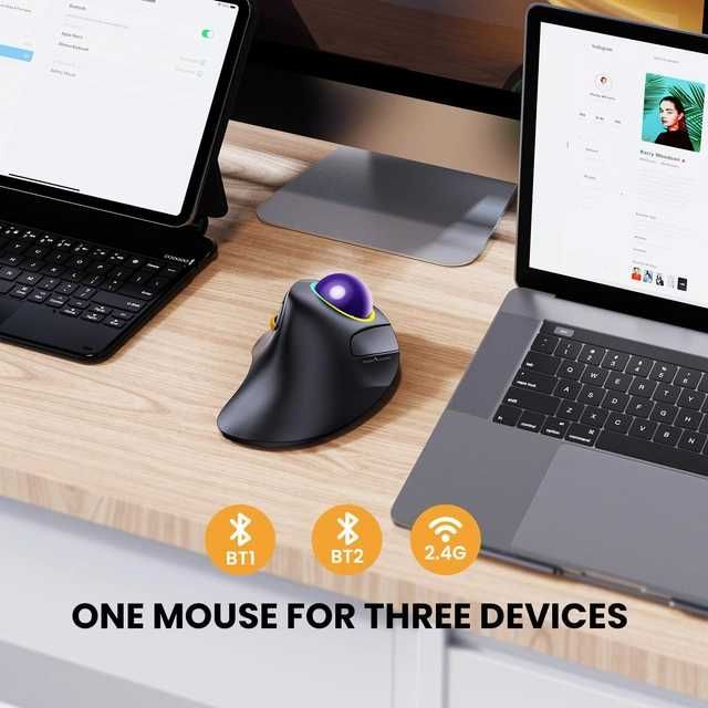 Mouse Trackball fără fir ProtoArc EM03, ergonomic, violet