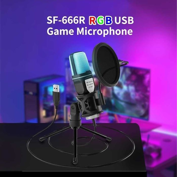 Microfon USB Gaming RGB cu condensator cu anulare zgomot, stativ tripod si filtru Pop pentru Streaming si Podcasting