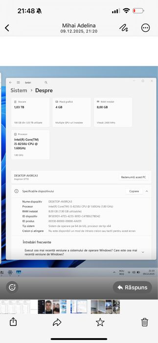 Laptop Dell Inspiron 5770 – i5, 8GB RAM,1TB dell stare frt  bună lapto