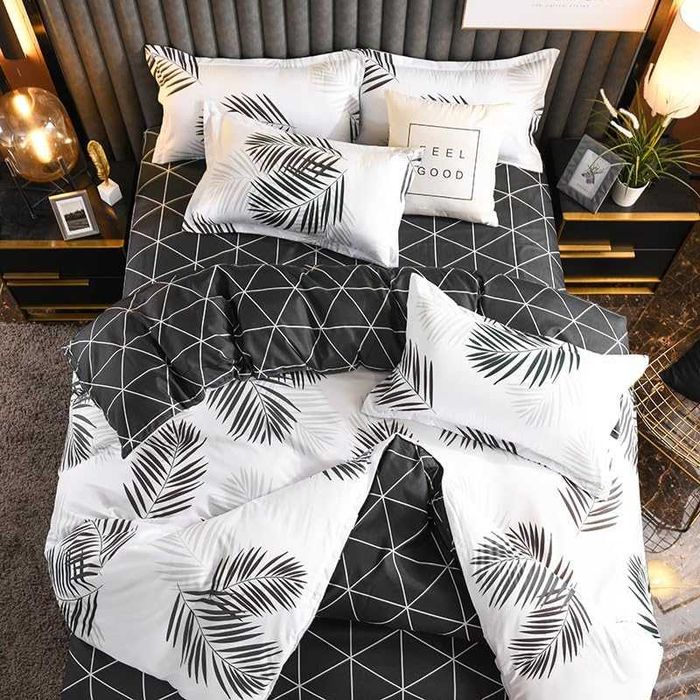 Мек и приятен спален комплект 180x220 бял с черни листа 4 части