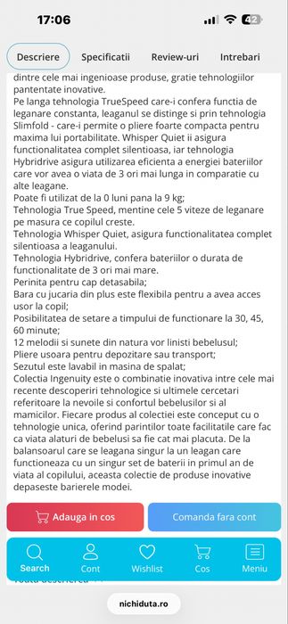 Leagăn/balansoar pentru bebeluși – stare foarte bună