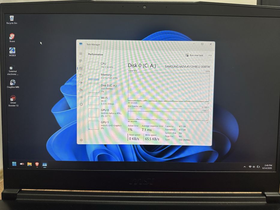 Laptop Gaming/Editare Foto-Video  MSI, RTX 2050, i5-12450H, 16GB RAM, Tastatură Iluminată, 144hz
